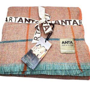 100% Merino Wool ANTA Plaid Throw Blanket 50"x60" Heather Orange Teal Peach NWT